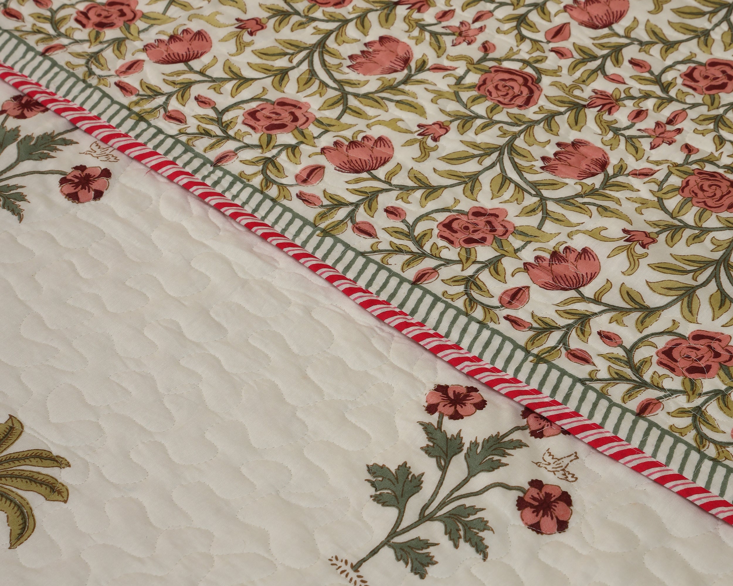 Palm & Blossom Blockprinted Quilted Bedcover Reversible