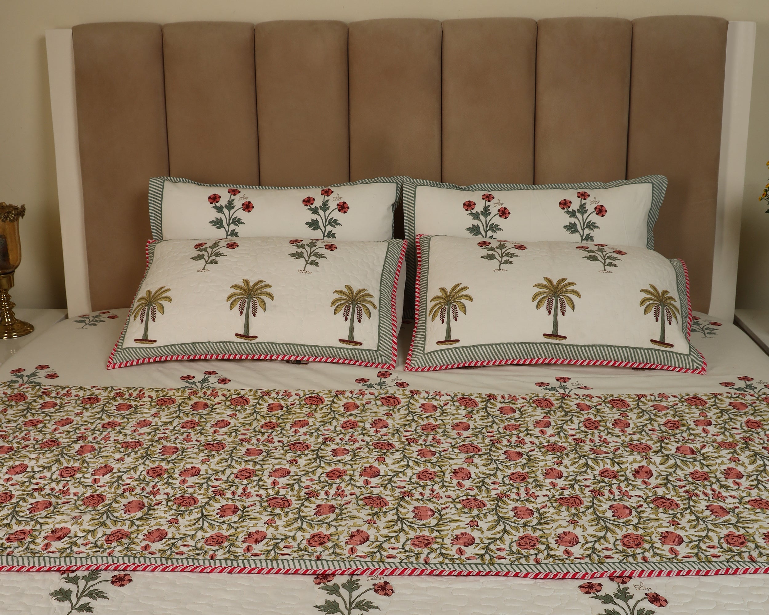 Palm & Blossom Blockprinted Quilted Bedcover Reversible