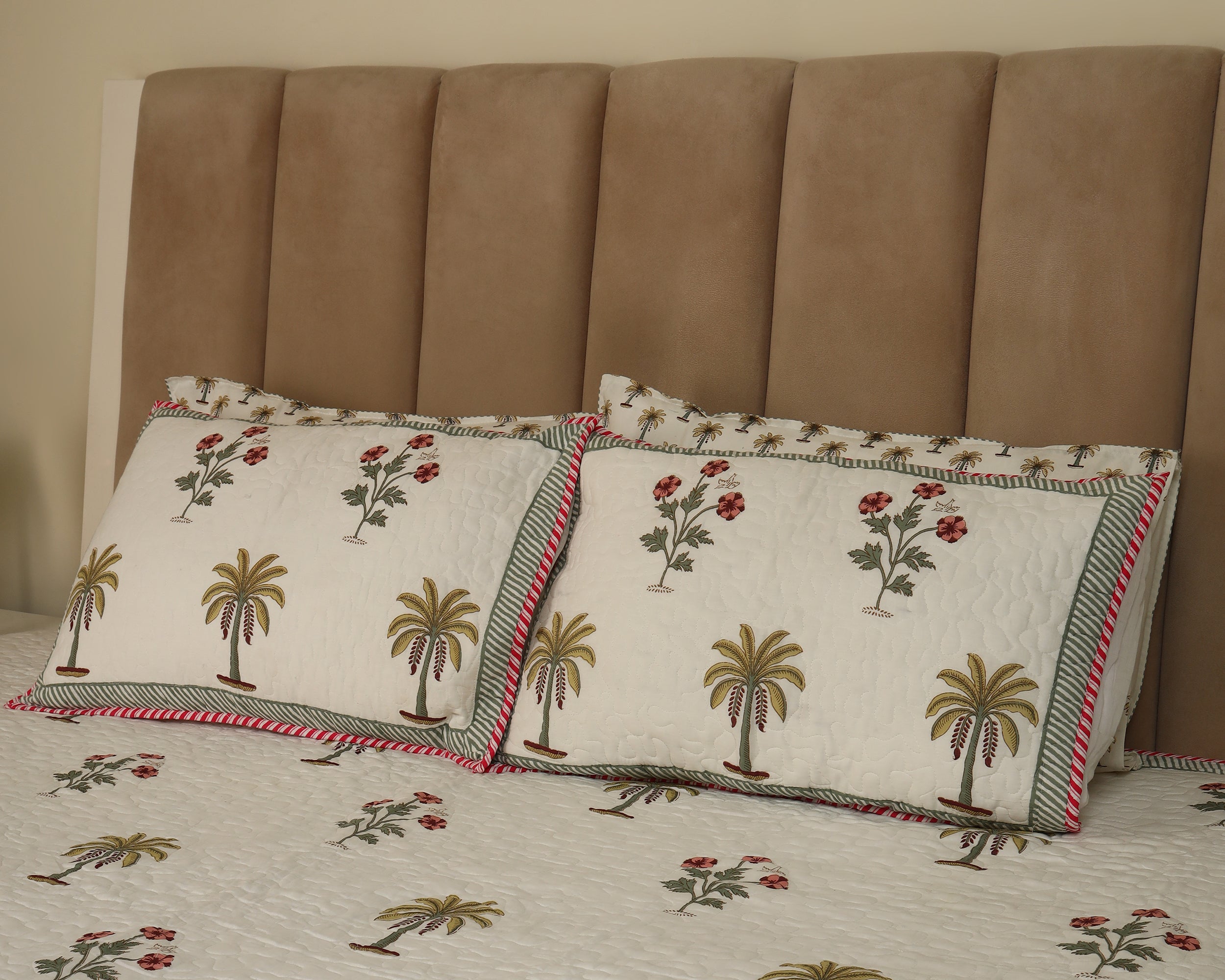 Palm & Blossom Blockprinted Quilted Bedcover Reversible