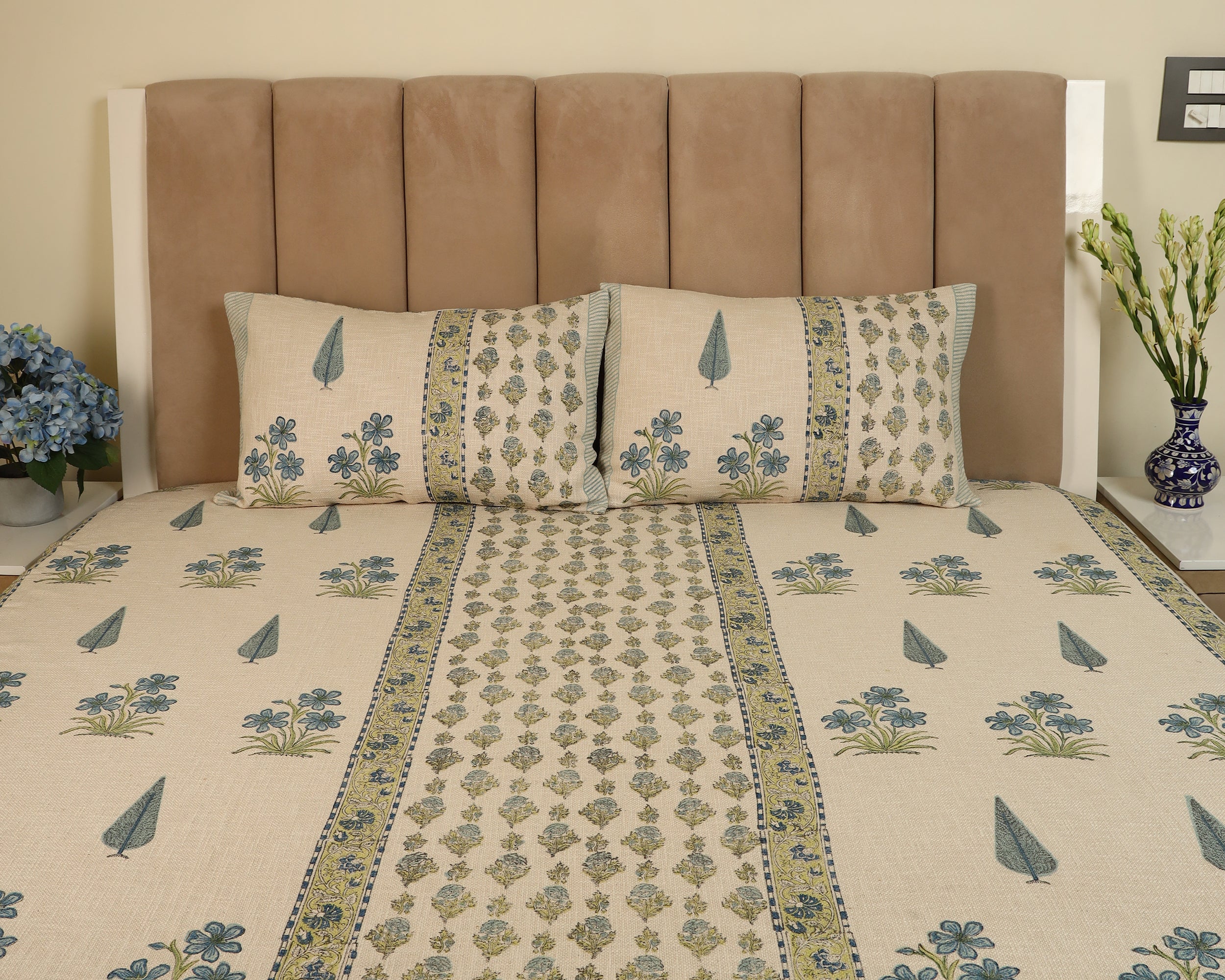 Blue Meadow Hand Block Jute Bedcover