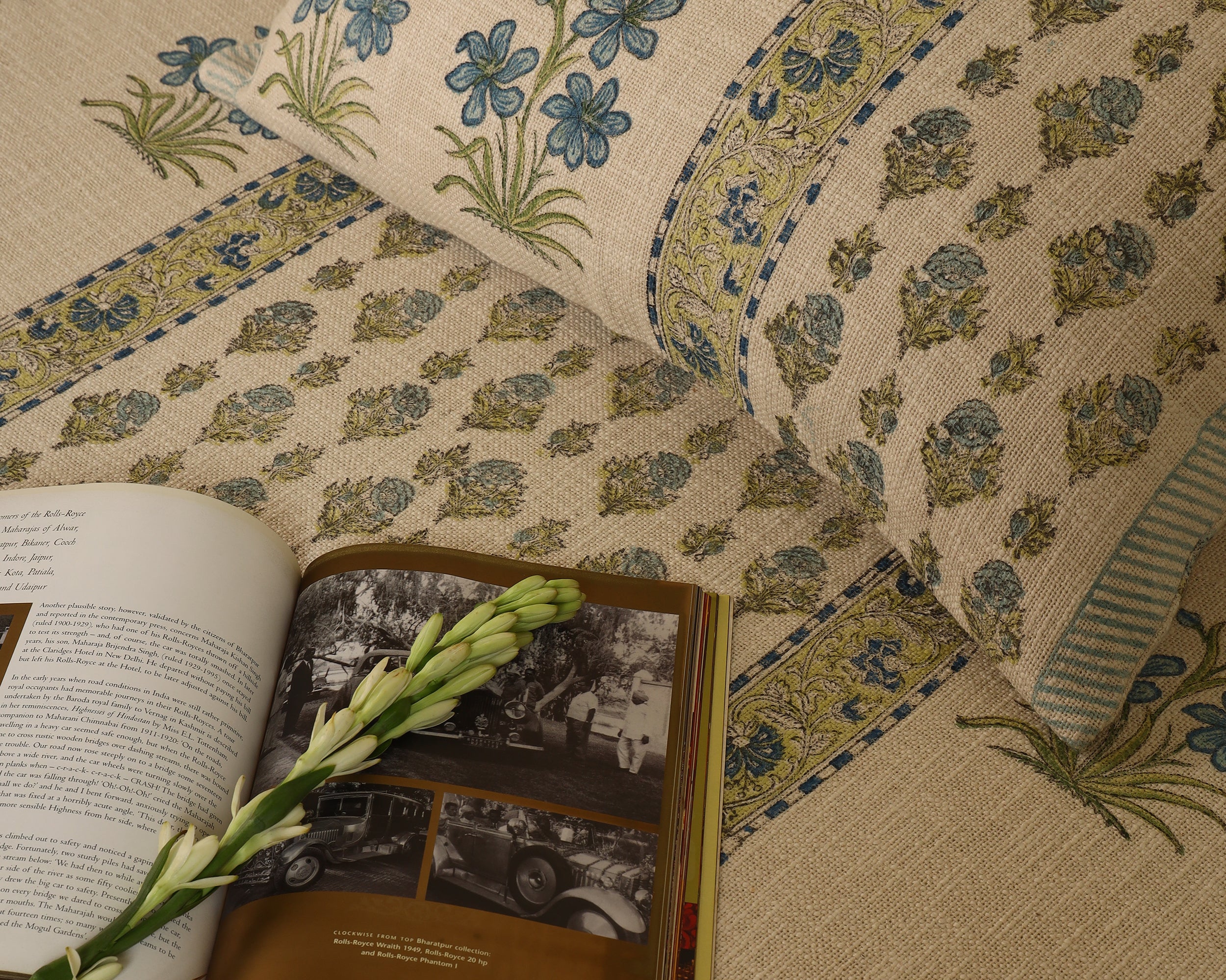 Blue Meadow Hand Block Jute Bedcover