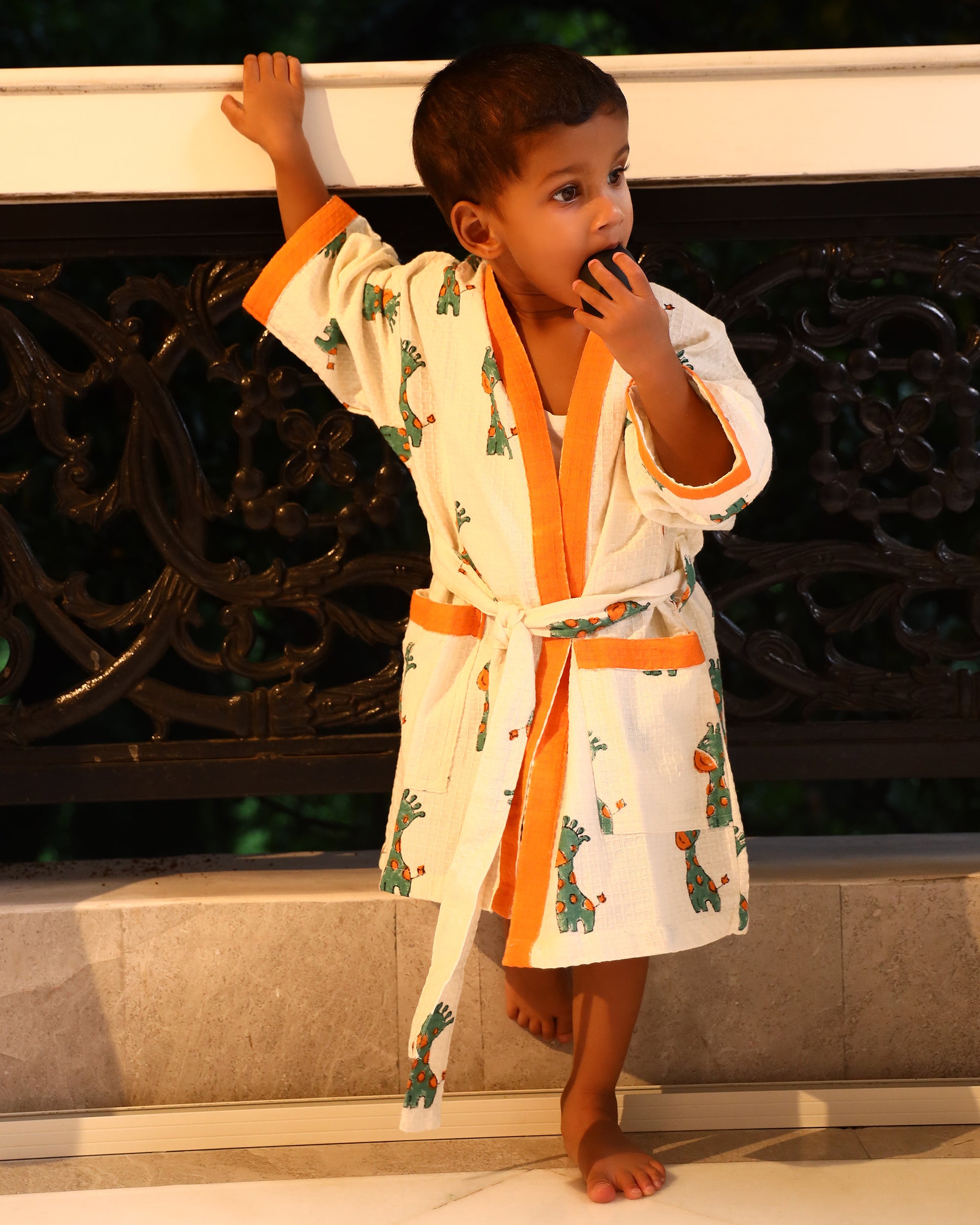 Kids Giraffee Print Pure Waffle Cotton Bathrobe
