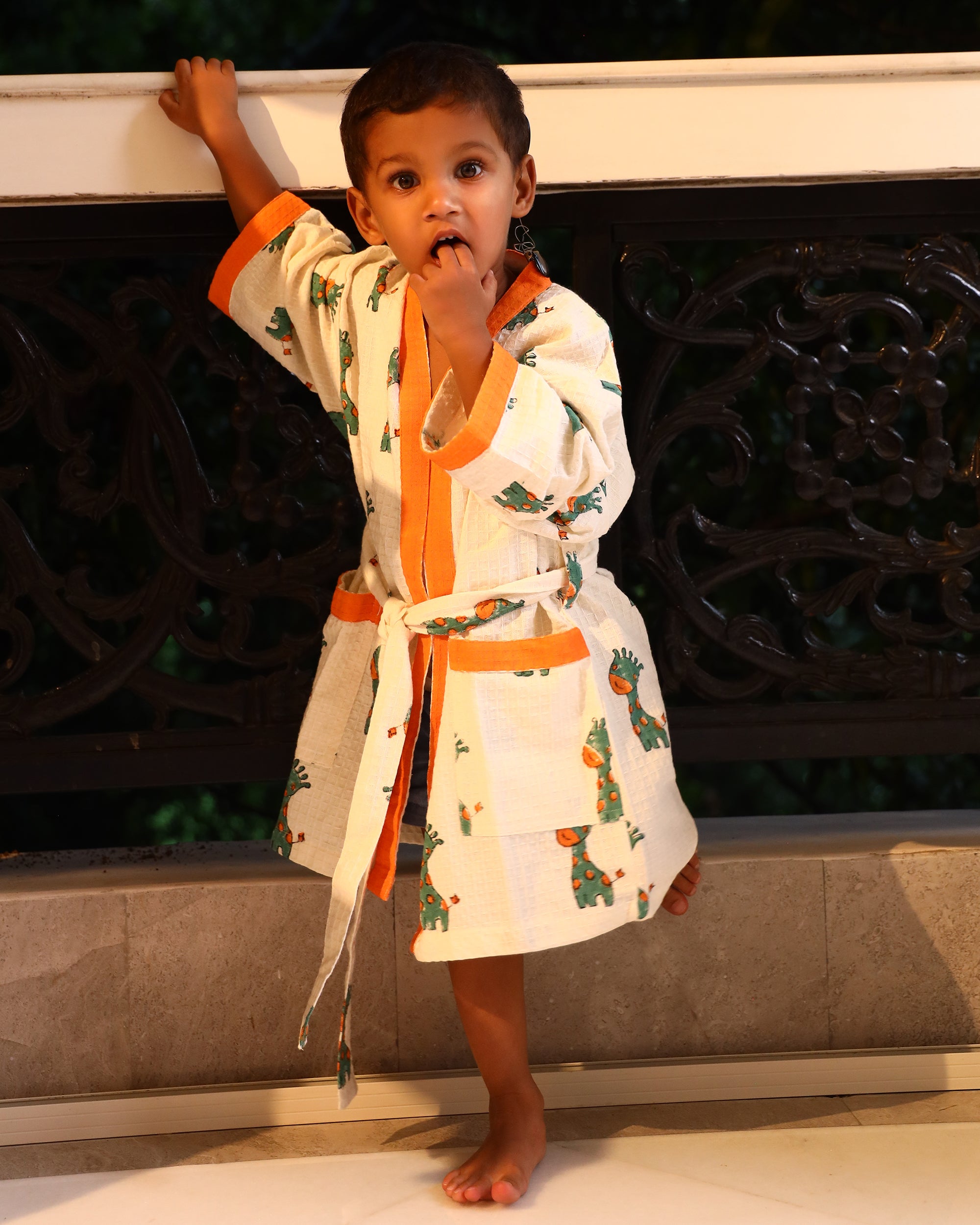 Kids Giraffee Print Pure Waffle Cotton Bathrobe