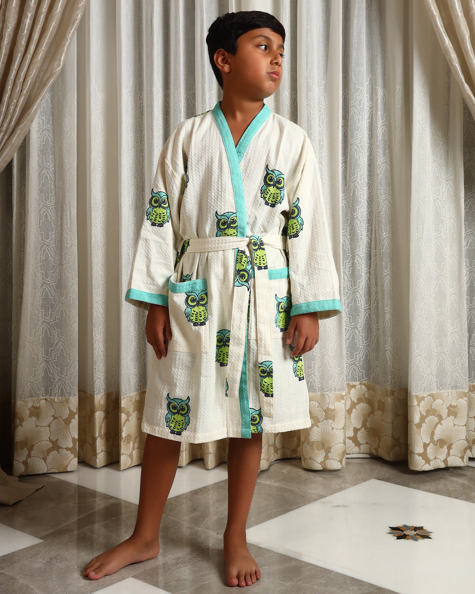 Kids Owl Print Pure Waffle Cotton Bathrobe