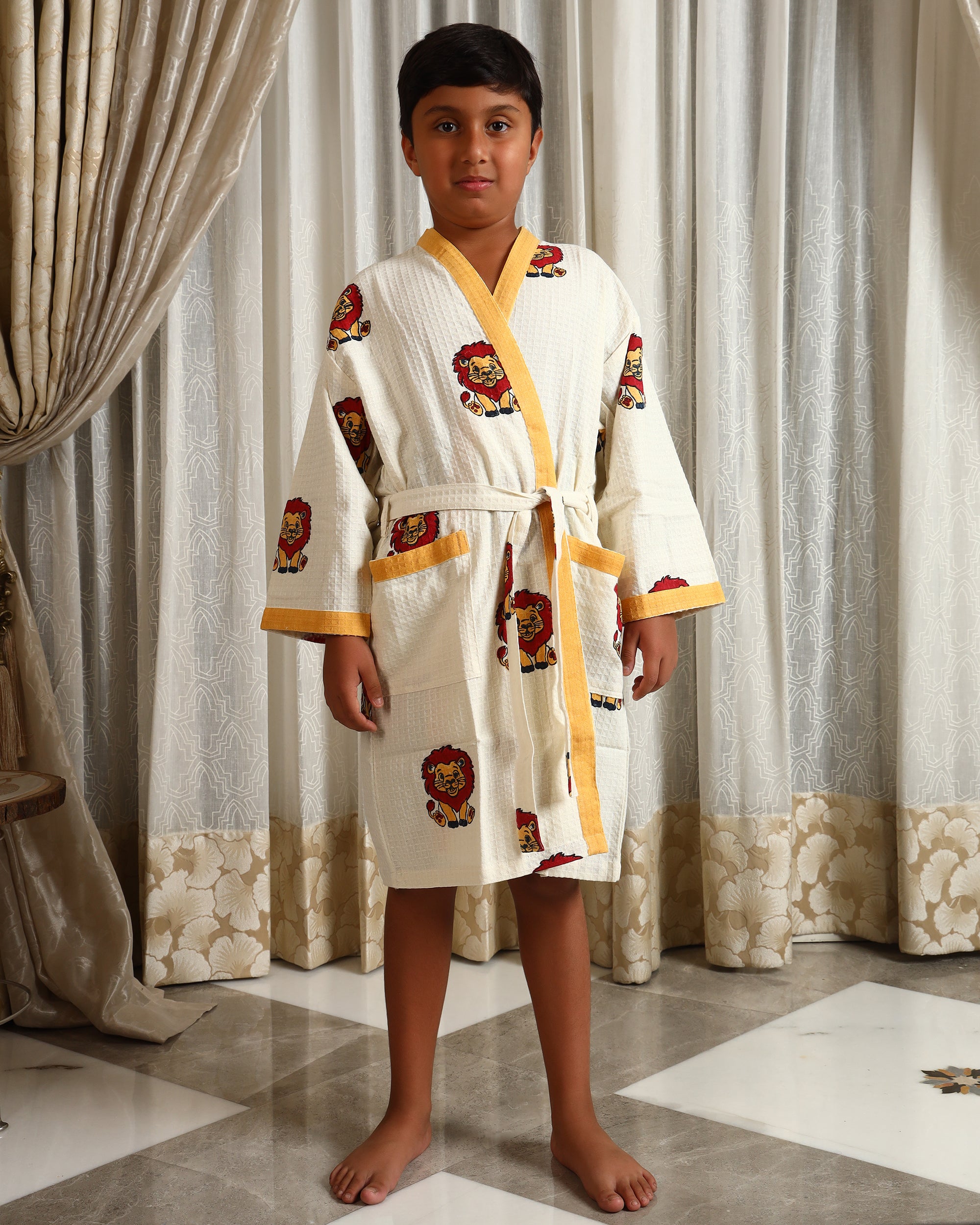 Kids Lion Print Pure Waffle Cotton Bathrobe